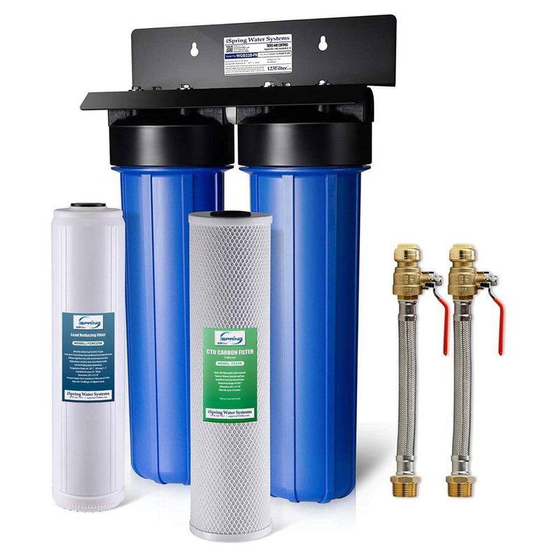 ISPRING WGB22B-PB+AHPF12MNPT16X2 2-Stage Whole House Lead Reducing Water Filtration System with 3/4 in. Push-Fit Hose Connectors | Bigbigmart.com